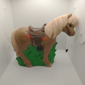 Hand Crafted Brown Pony Foal Horse w/ Saddle Ceramic Statue Sculpture Vintage